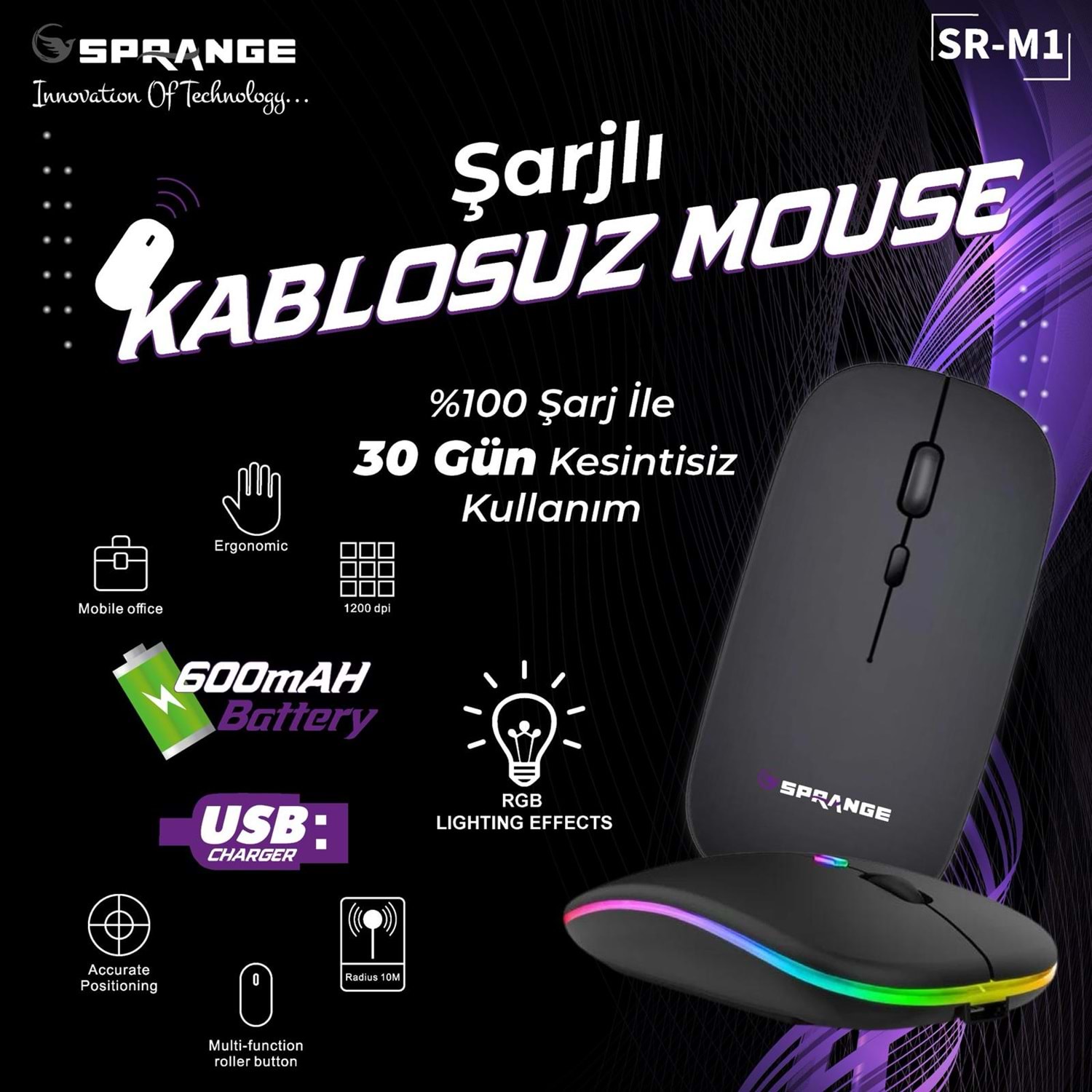 SPRANGE SR-M1 ŞARJLI 600MAH ıIŞIKLI BLUETOOTH MOUSE